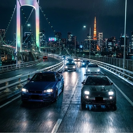 Tokyo skyline and JDM car during a day or night drive